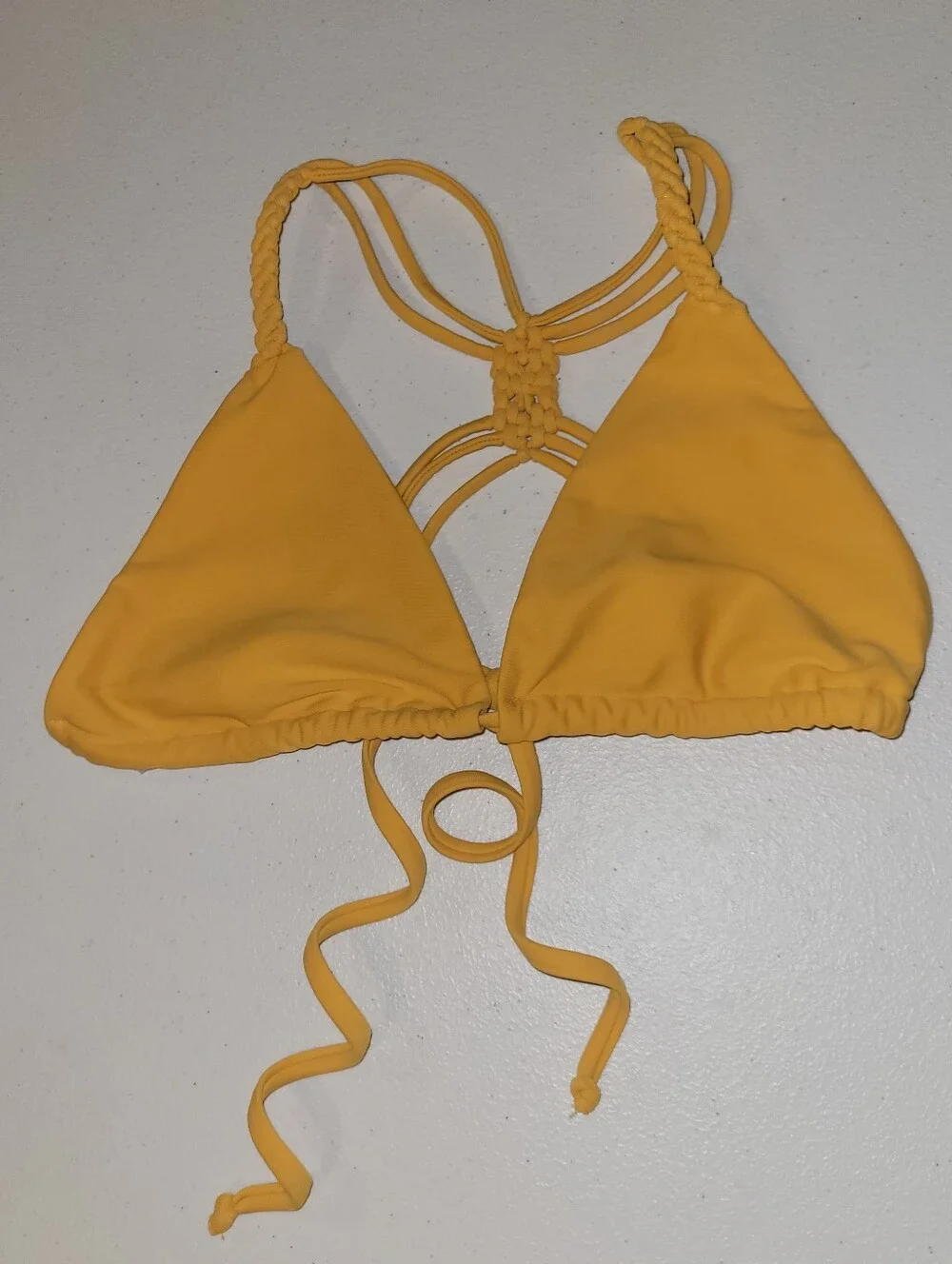 Beach Babe, Saffron Yellow Triangle Bikini Top with Intricate Braided Straps, M